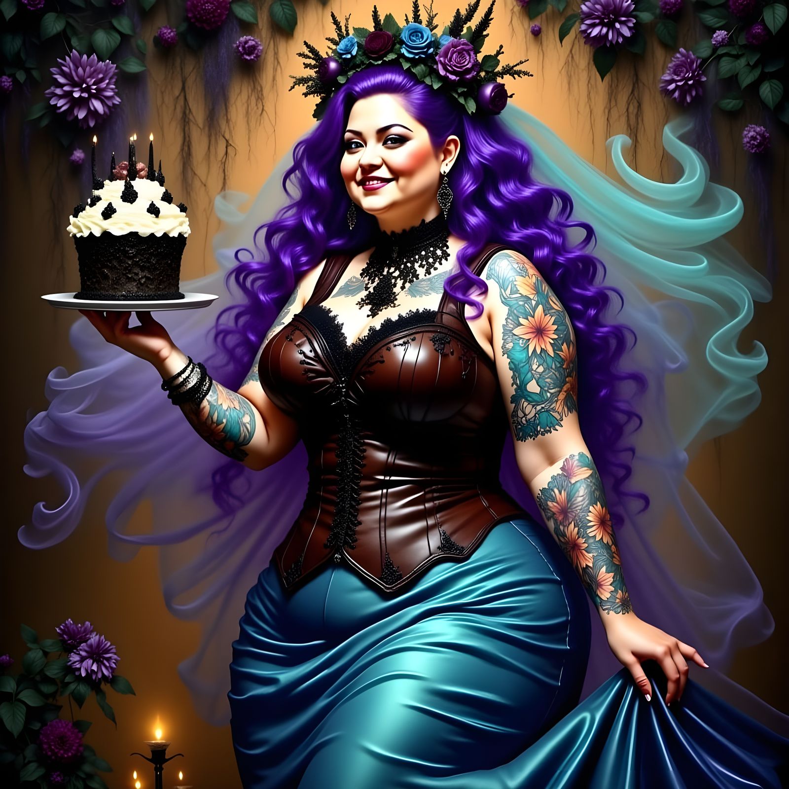 Smiling Goth Portrait with Bioluminescent Tattoos and Purple...