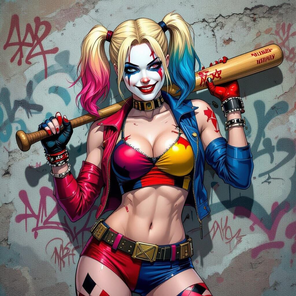 Harley Quinn in Urban Setting with Baseball Bat