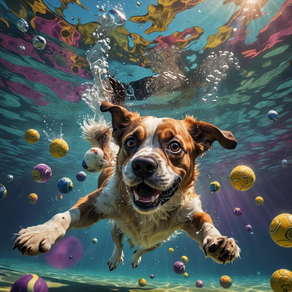 Underwater Dog Catching Ball in Splash Art Style