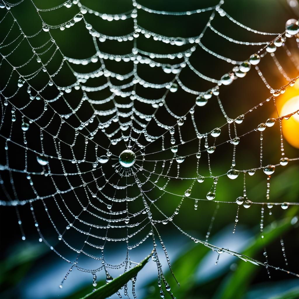 Hyperrealistic Spider Web with Water Droplets