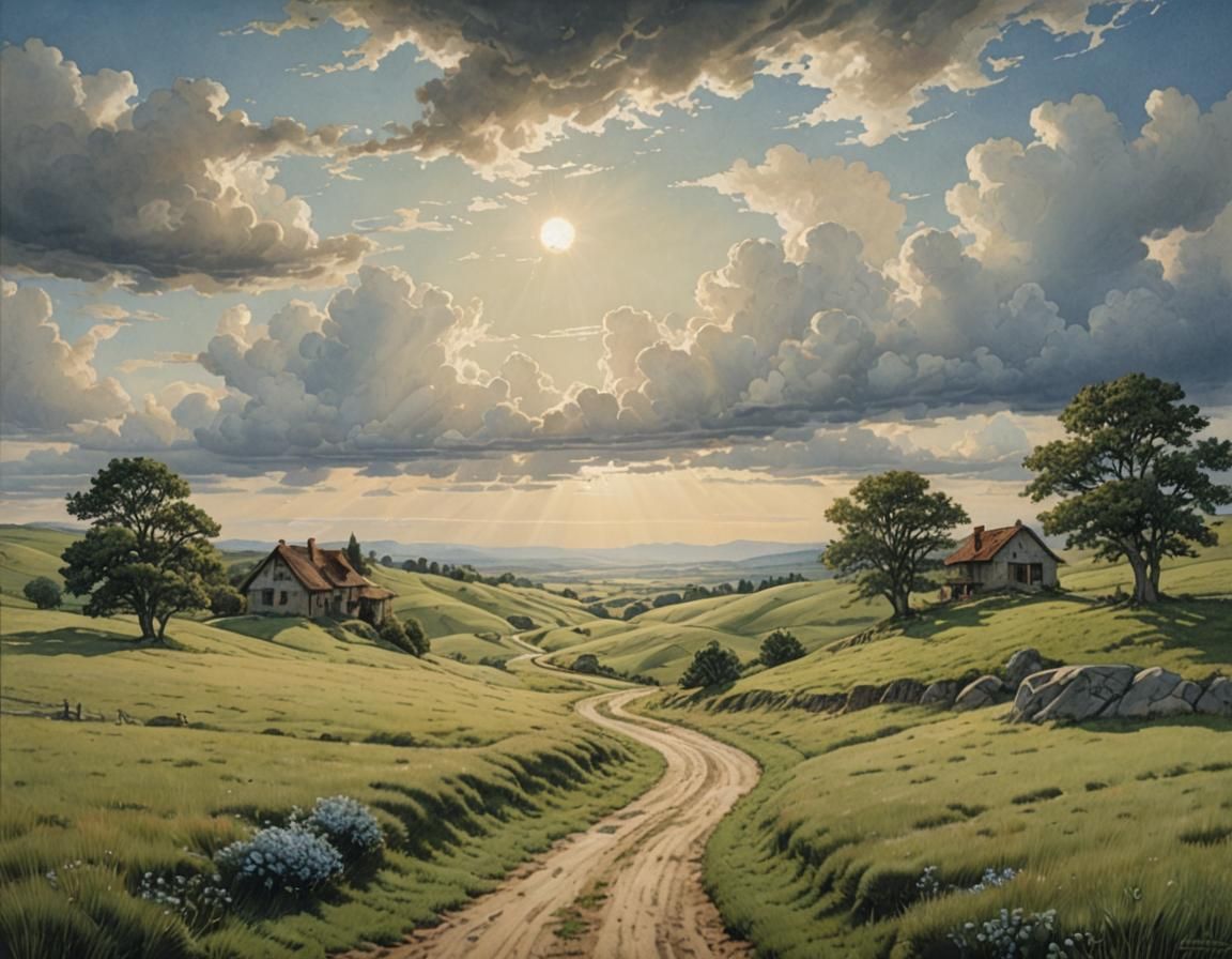 Tranquil Countryside View with Sun Rays