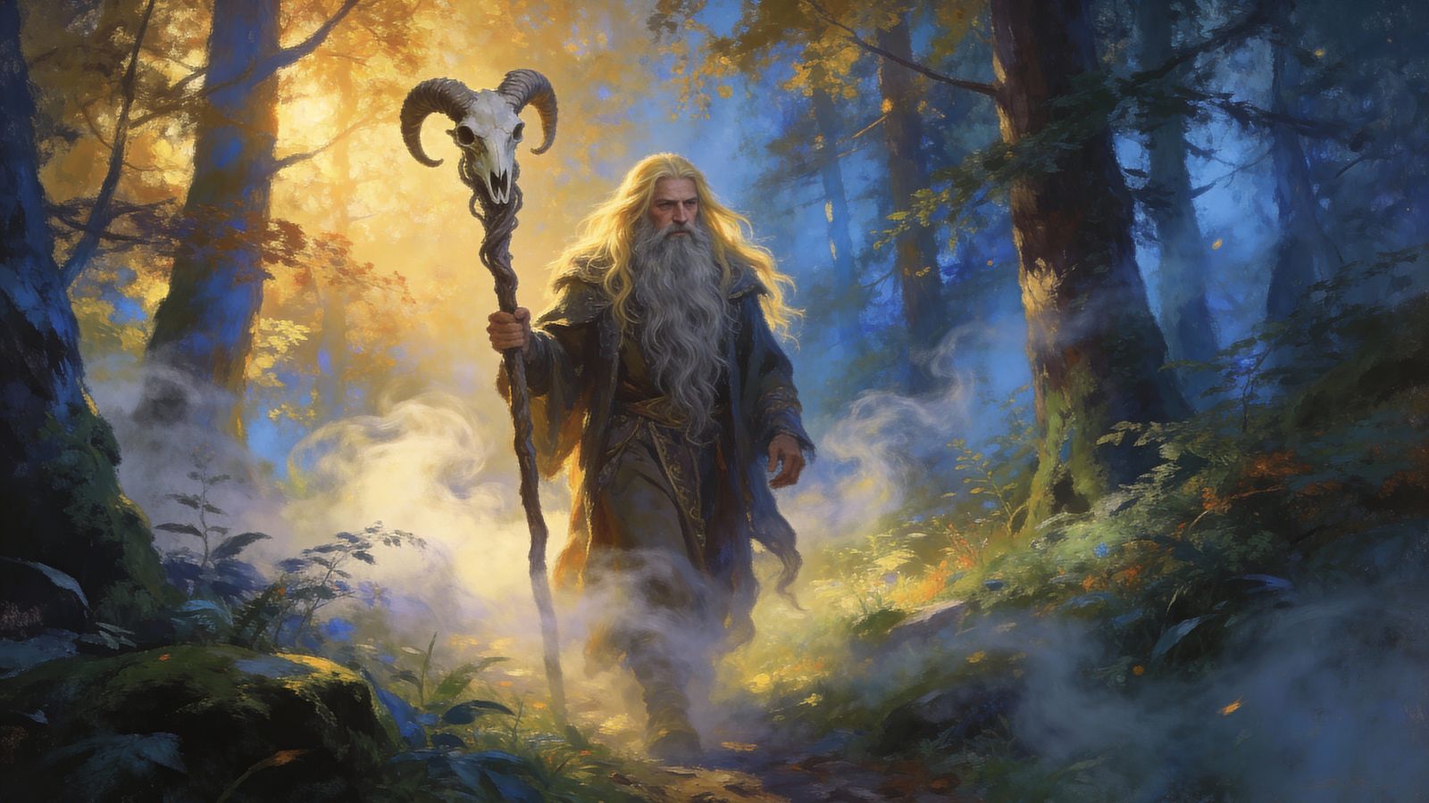 Ethereal Druid Wanders Enchanted Forest with Ram Skull Staff