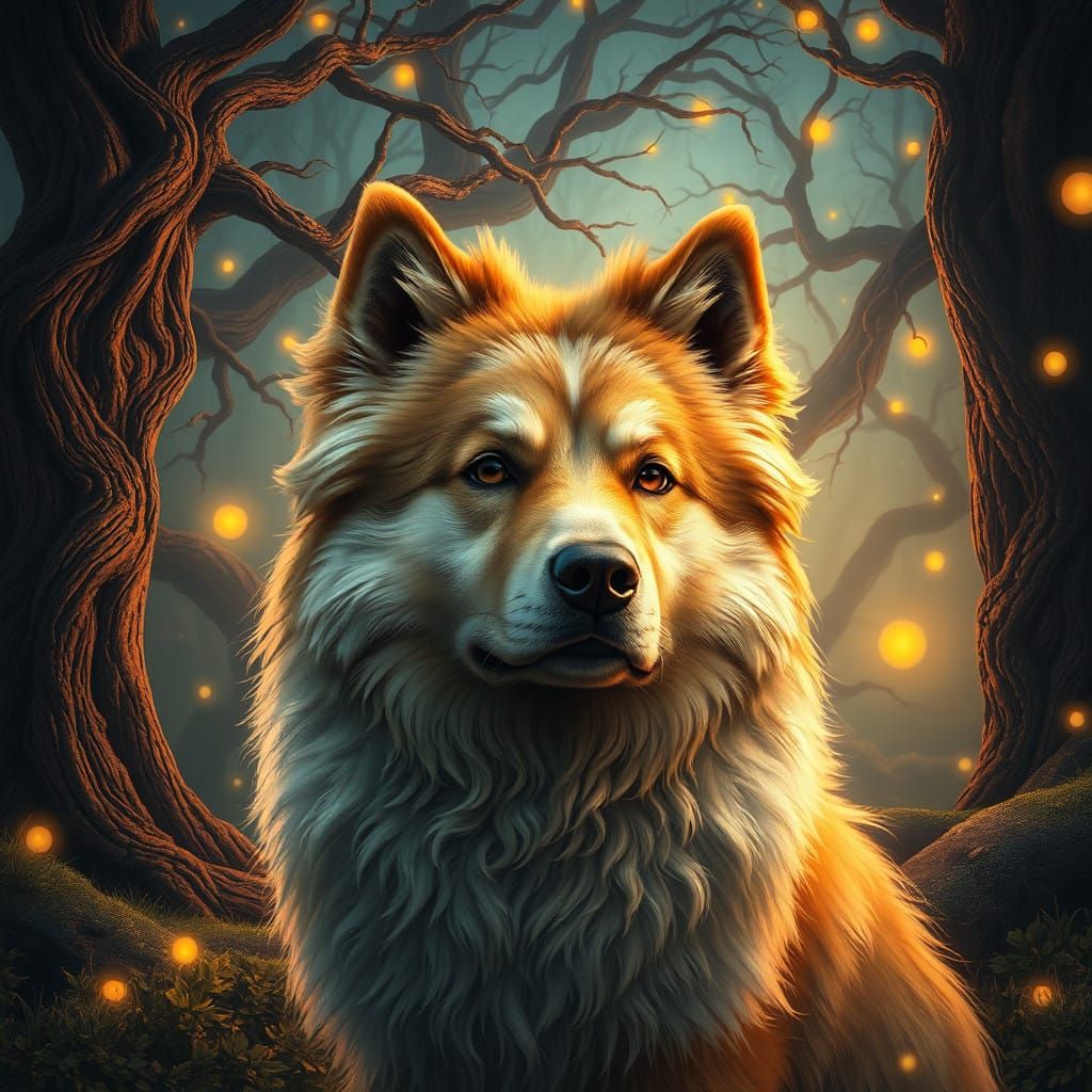 Majestic Fantasy Dog in Vibrant Enchanted Forest