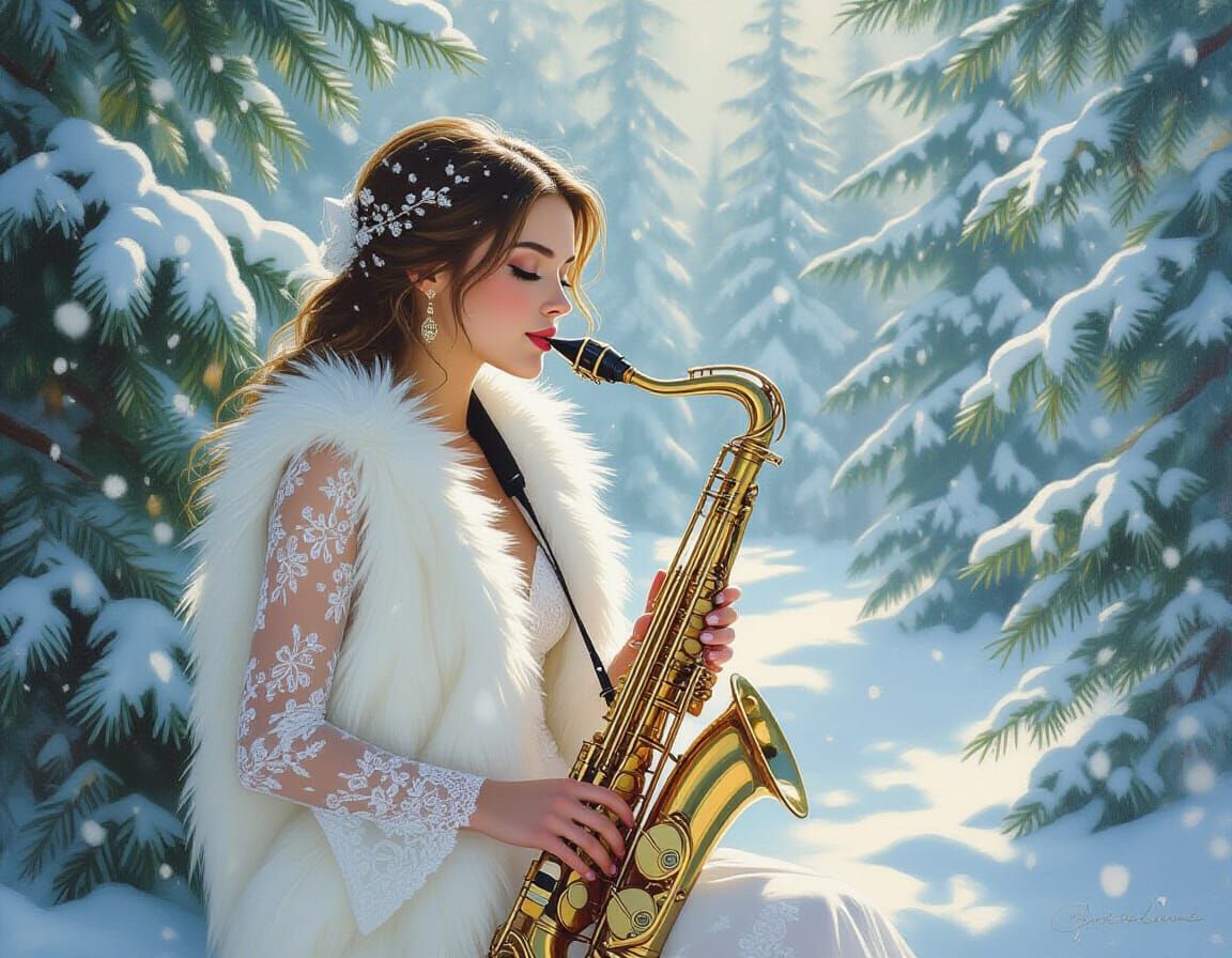 Woman Playing Saxophone in Snowy Forest