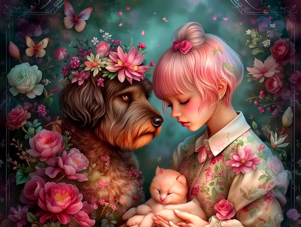 Surreal Winter Scene of Cuddling Pets by the Fire