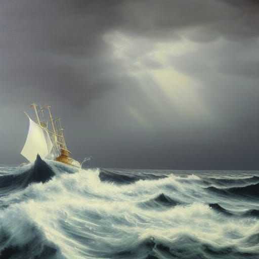 Monochromatic Shipwreck Seascape Oil Painting