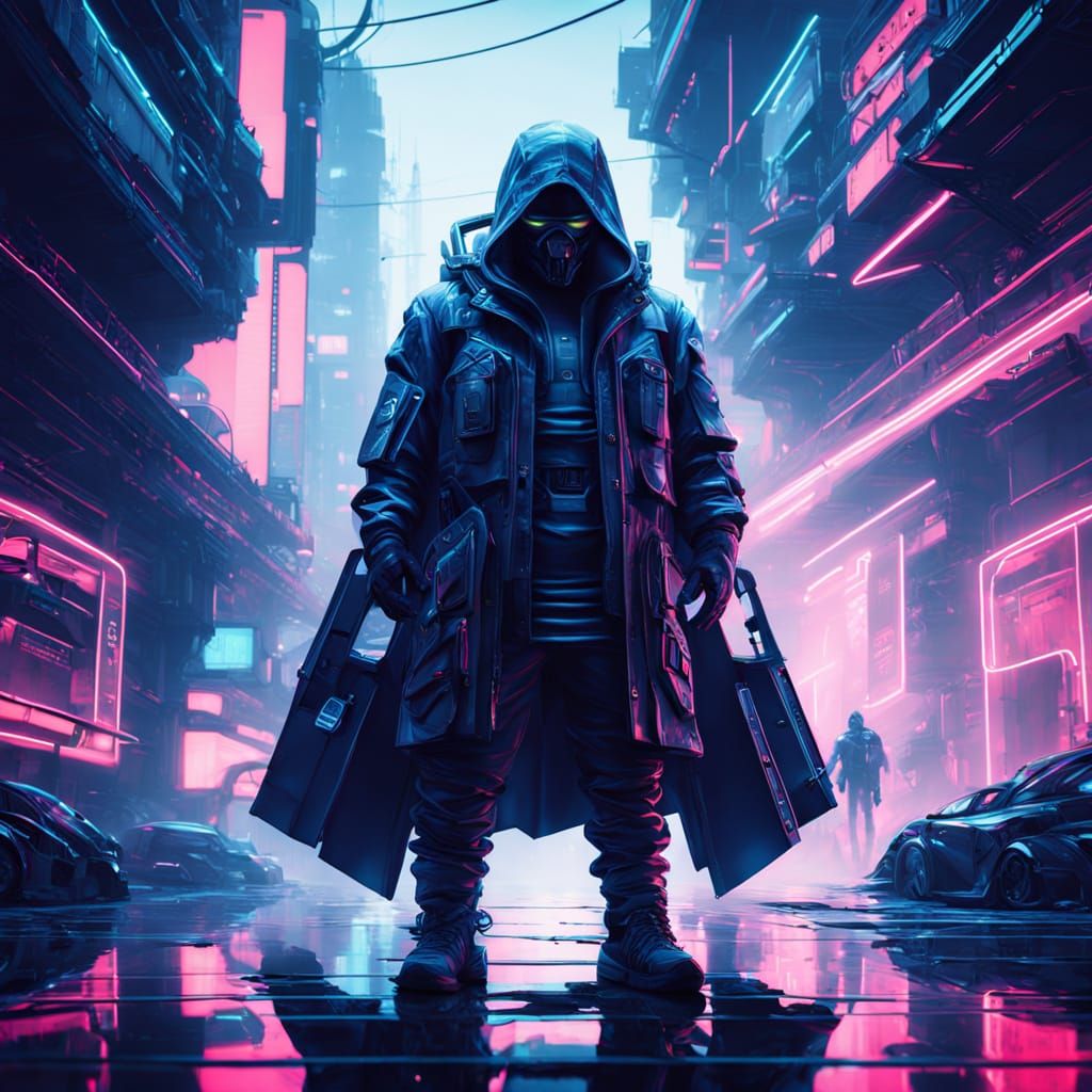 Gritty Cyberpunk Figure Disappears into Neon Background