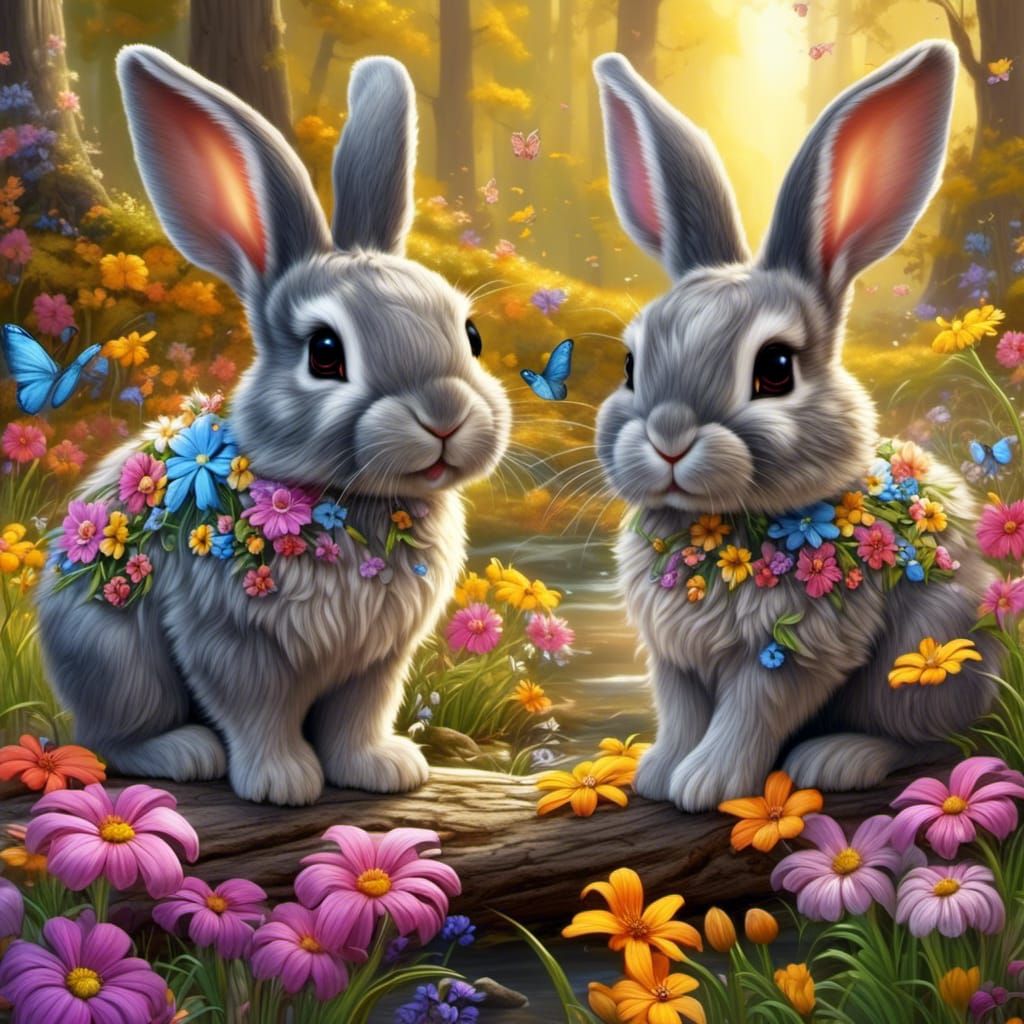 Adorable Bunnies in Spring Woods, Detailed Art
