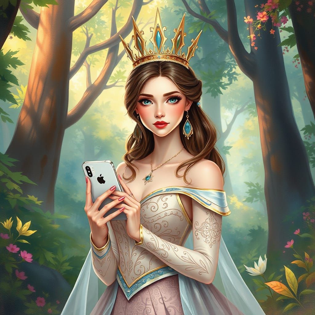 Regal Princess in Futuristic Forest Landscape
