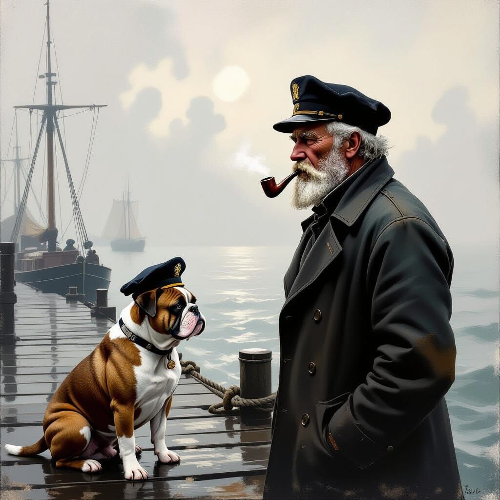 Old Sailor and Bulldog on Misty Dock in Oil Painting Style