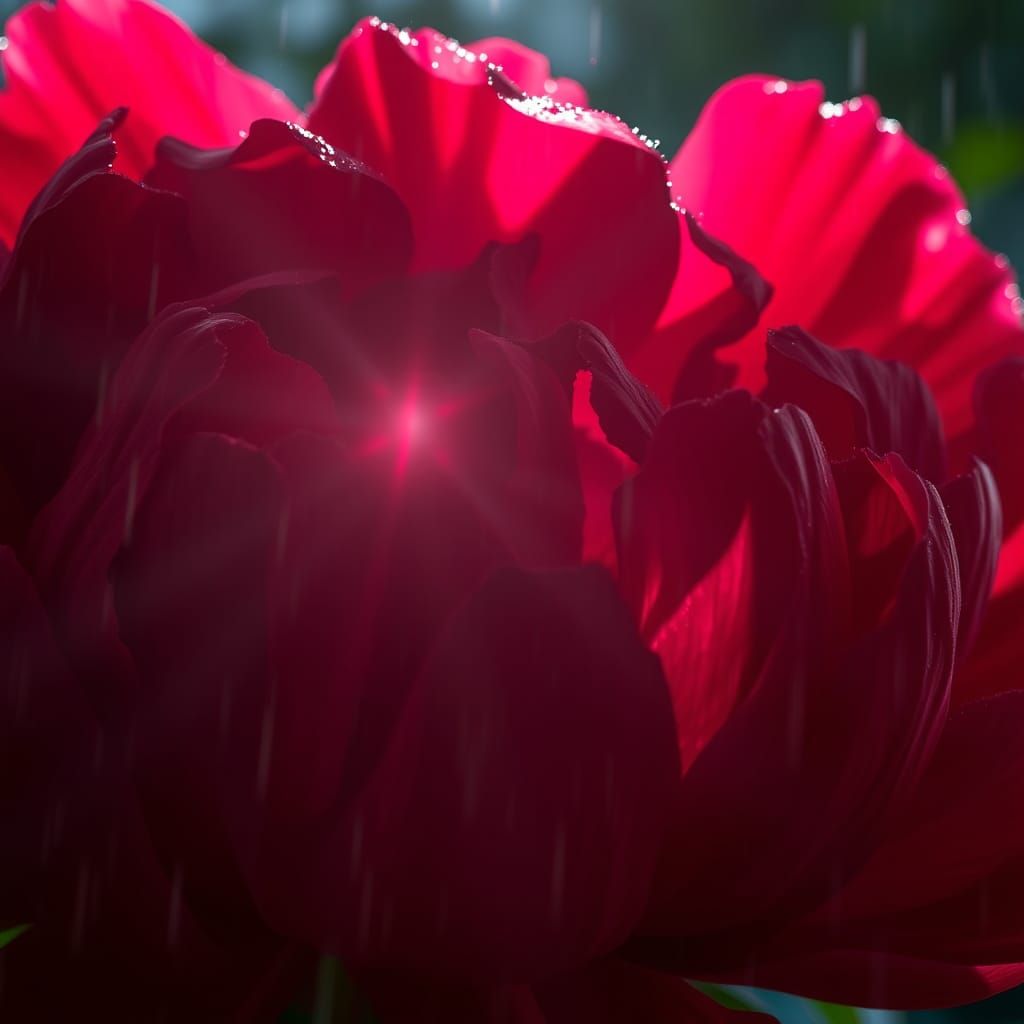 Close-up of Red Peony with Raindrops as Digital Art