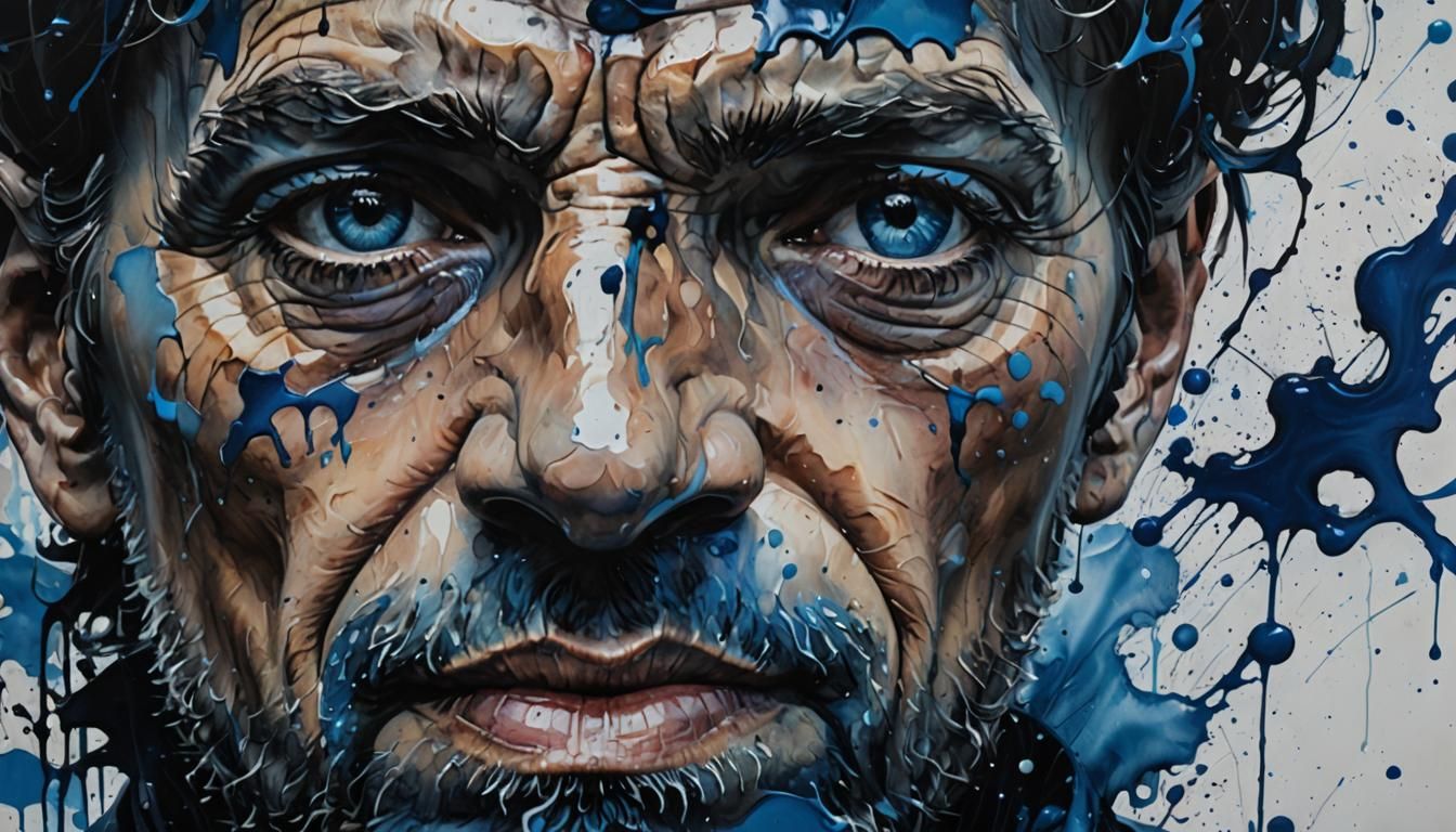 Man's Face Dissolving into Ink, Oil Painting