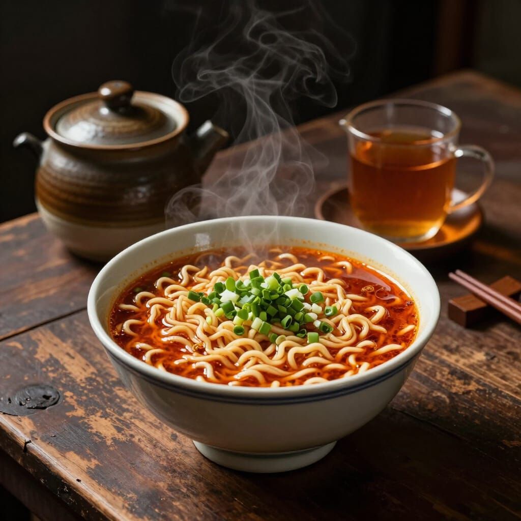 Steaming Ramen and Hot Tea on Worn Table