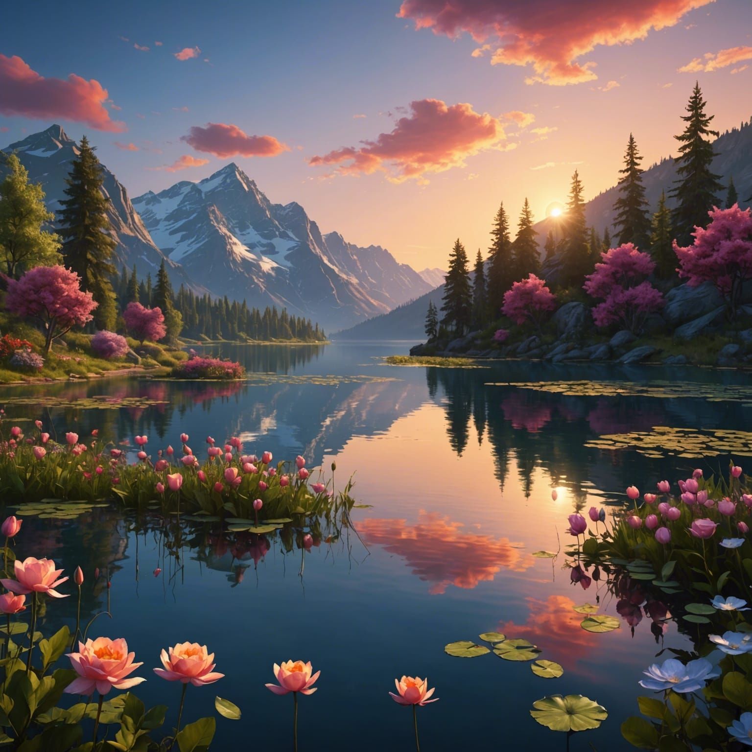 Beautiful Sunrise Over Rose Lake: Detailed Matte Painting