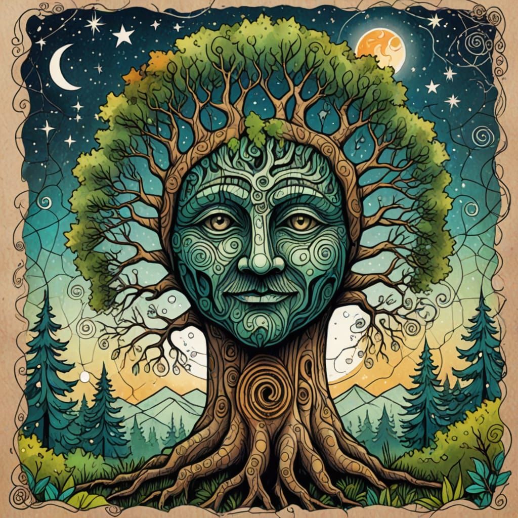 Enchanted Forest Tree with Face in Doodle Art Style