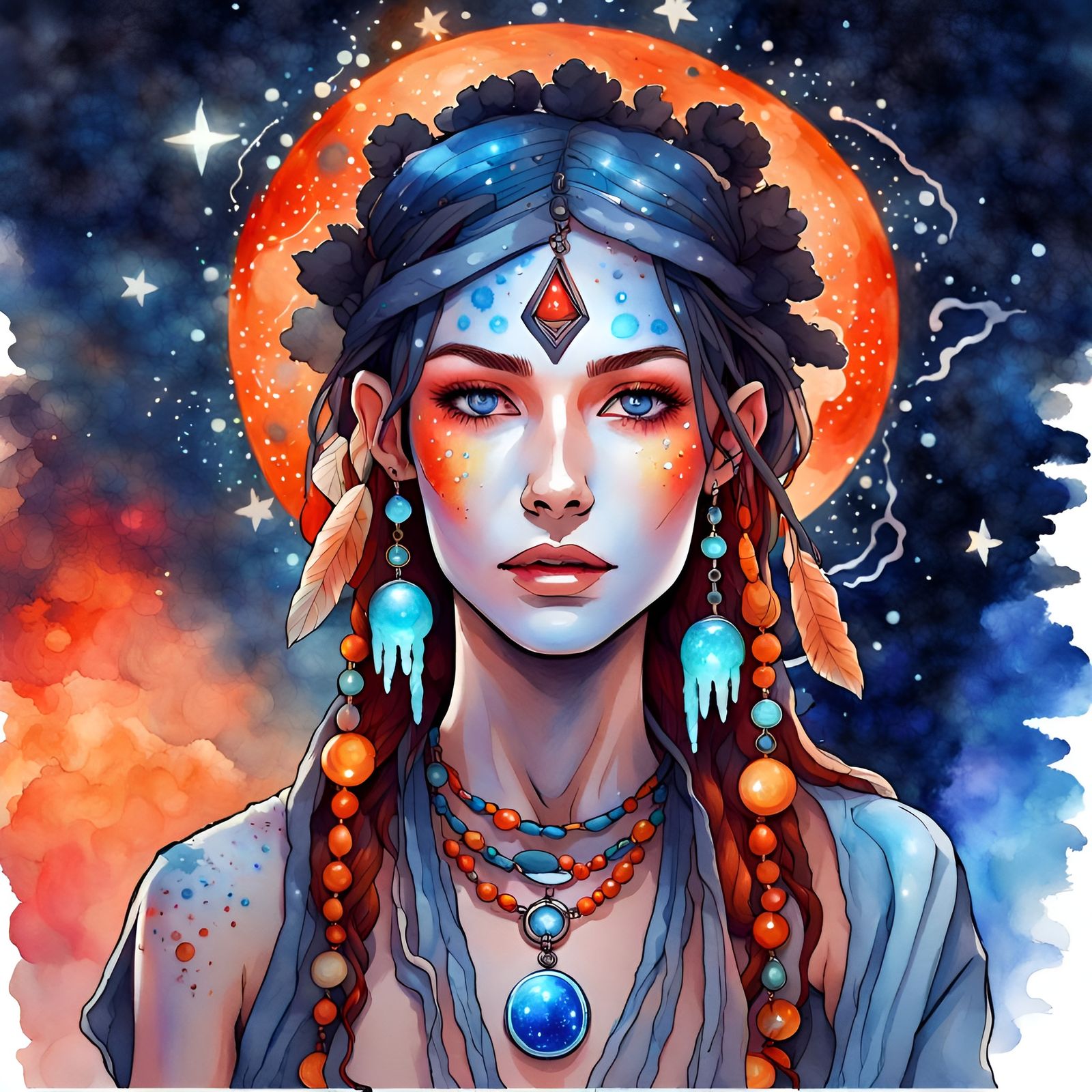 Magical Shaman Woman in Glowing Forest: Watercolor Art