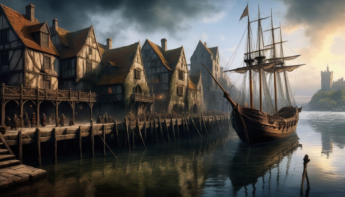 Medieval Longship Sails into Bustling Port