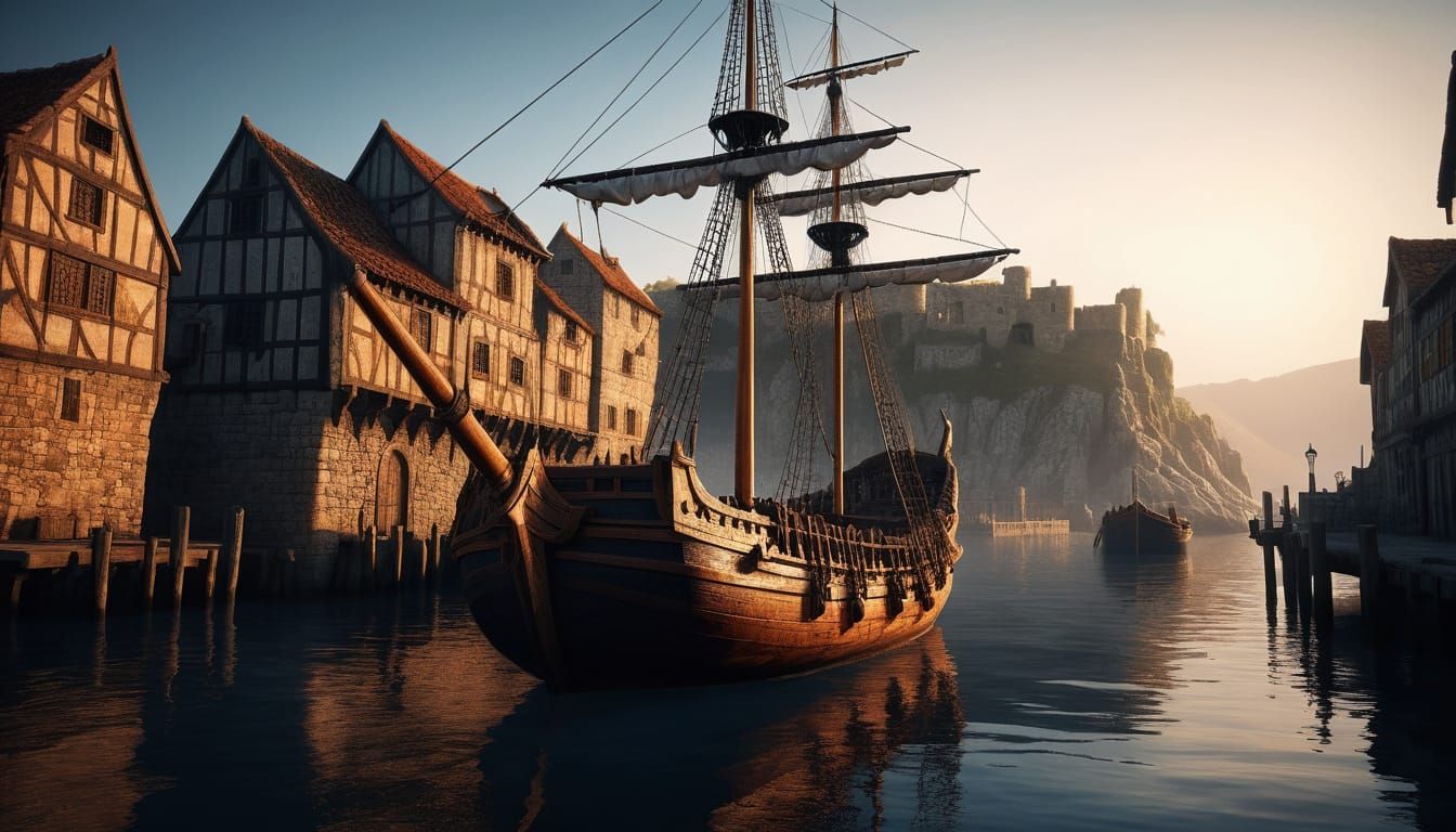 Epic Medieval Port Scene in Cinematic Hyperrealism