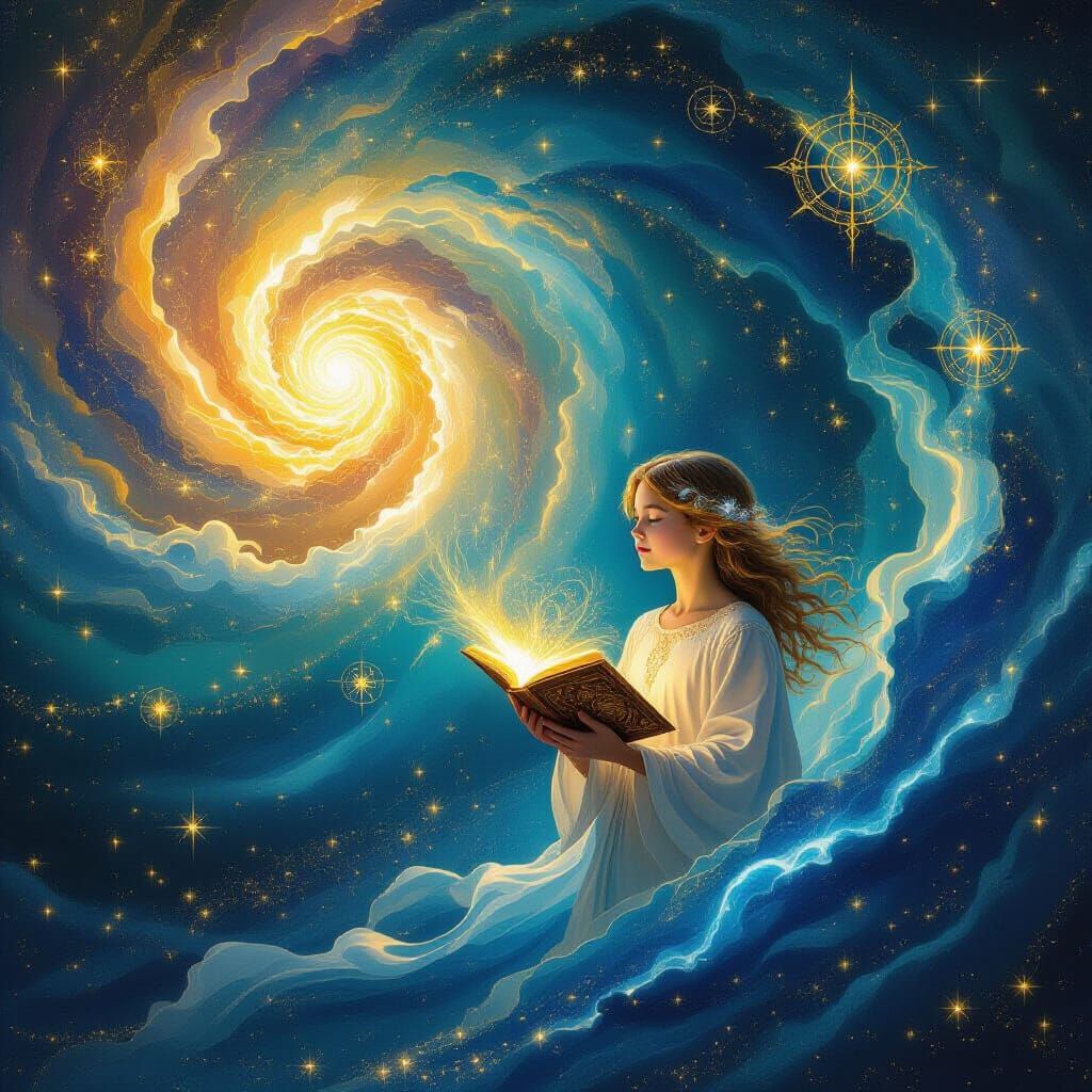 Cosmic Artwork of Youthful Figure Holding Book of Light