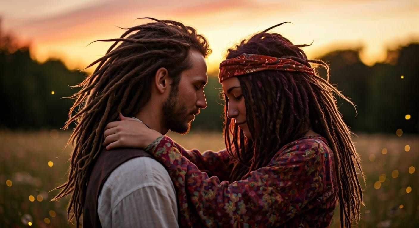 Romantic Gypsy Couple in Moonlit Meadow