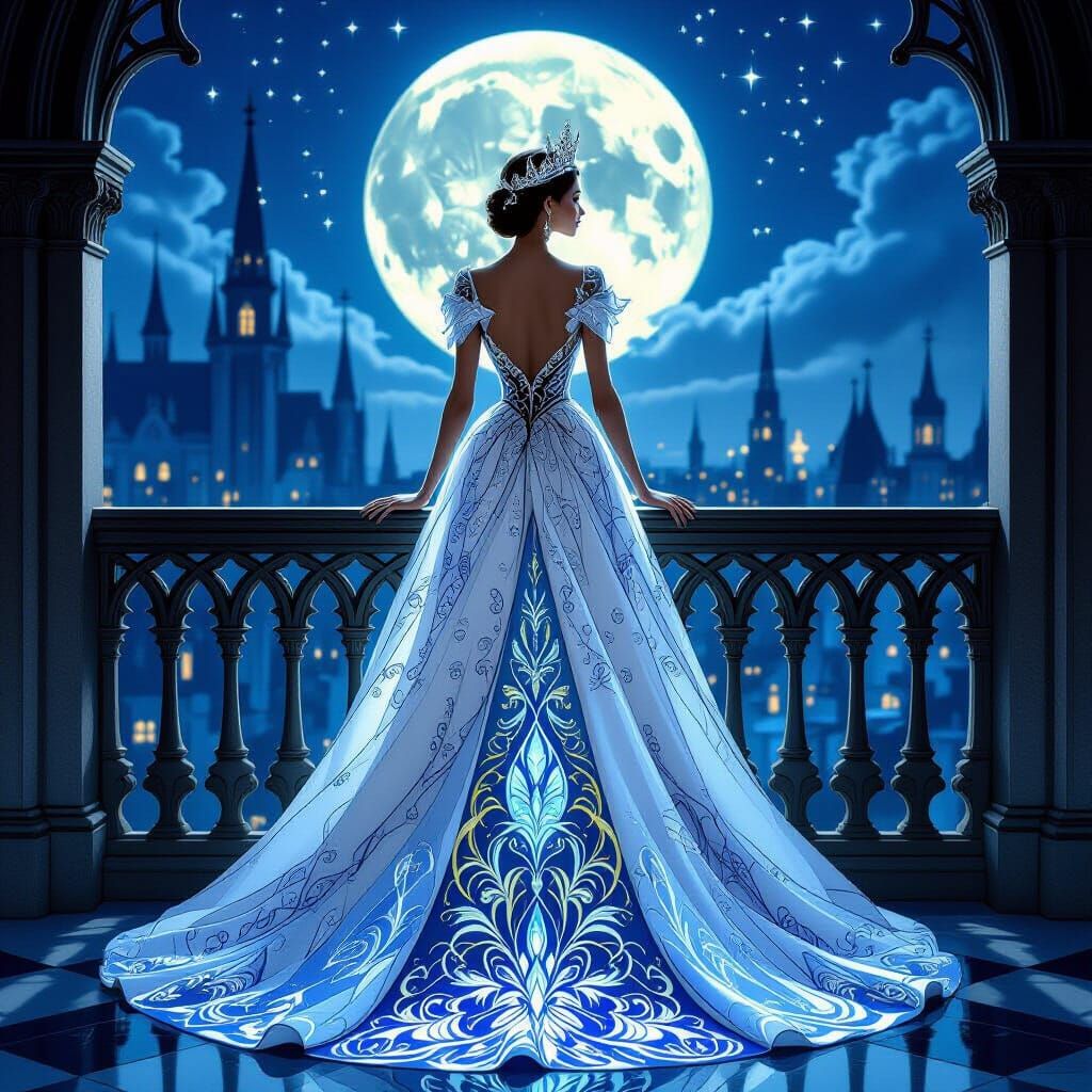 Regal Queen on Balcony Overlooking Gothic City