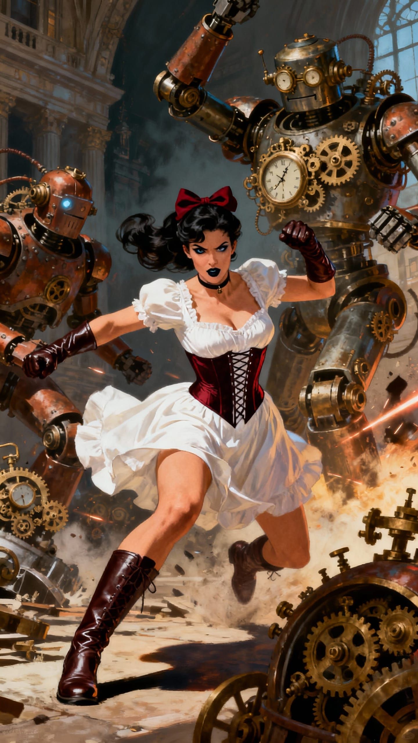 Superheroine Sadie Battles Steampunk Robots in Action Scene