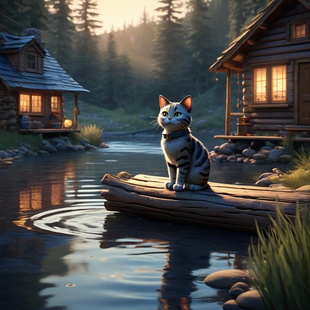Cat in Cabin with Lampshade, Pixar-Style 3D Art