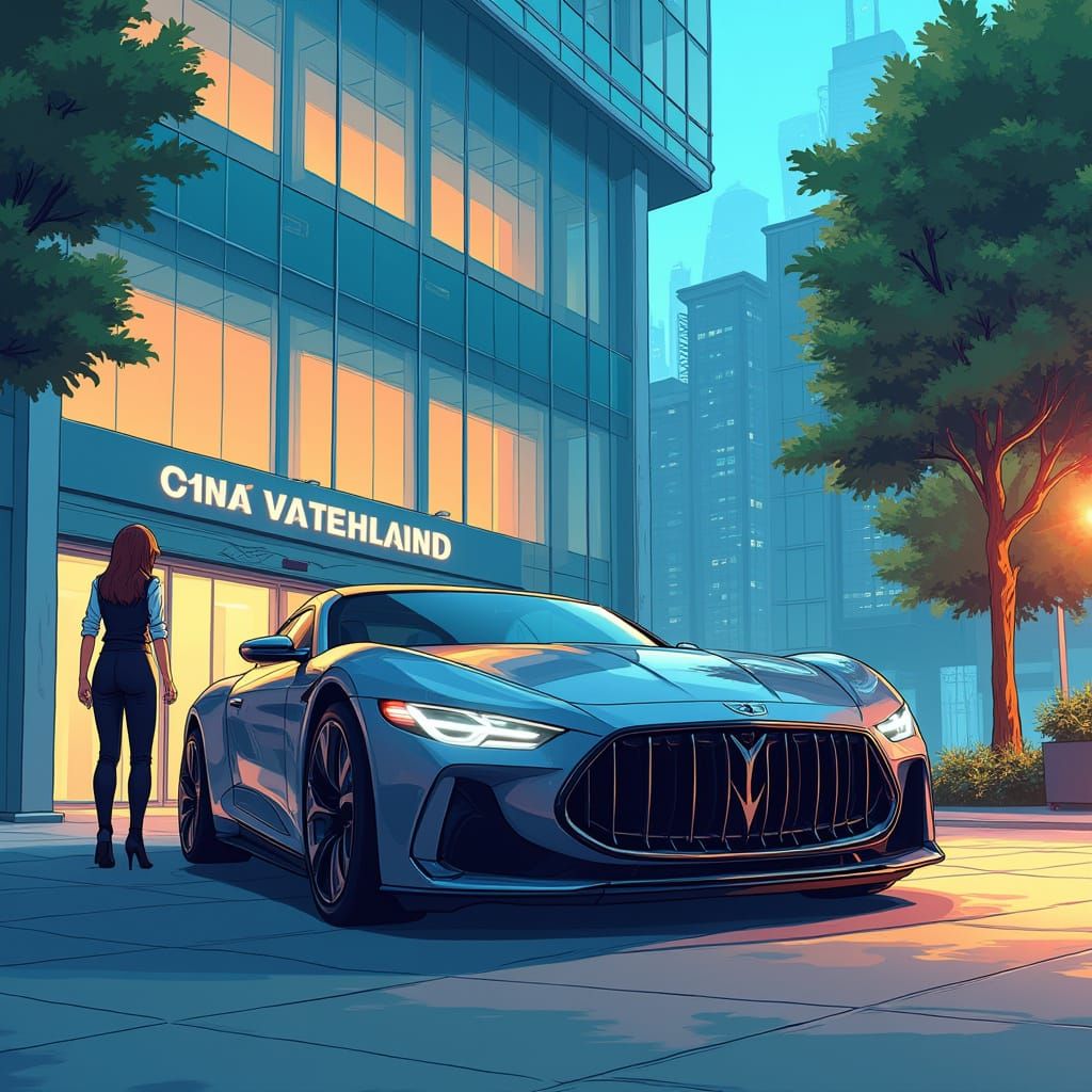 Anime-Style Business Woman Leaving Company in Car