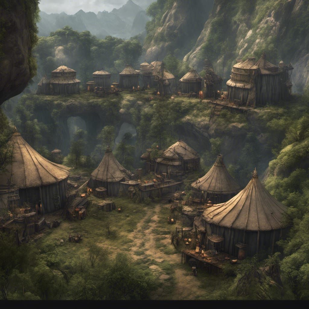 Lush Cliffside Tribal Encampment: Digital Matte Painting