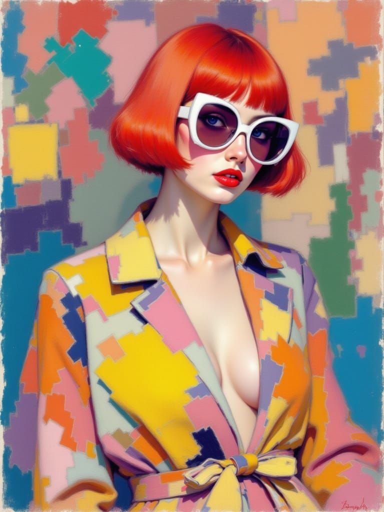 Bold Fashion Model in Vibrant Geometric Patterns