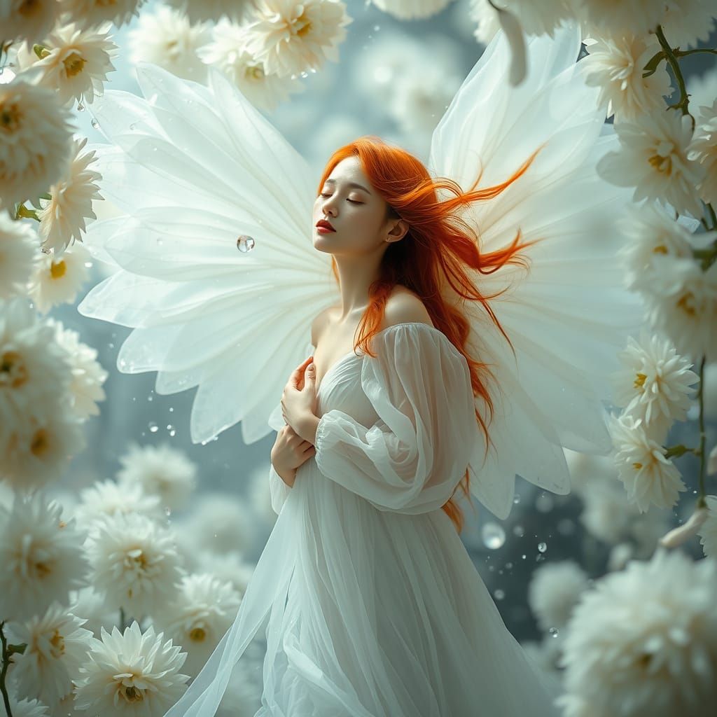 Ethereal Woman with Red Hair Amidst White Petals