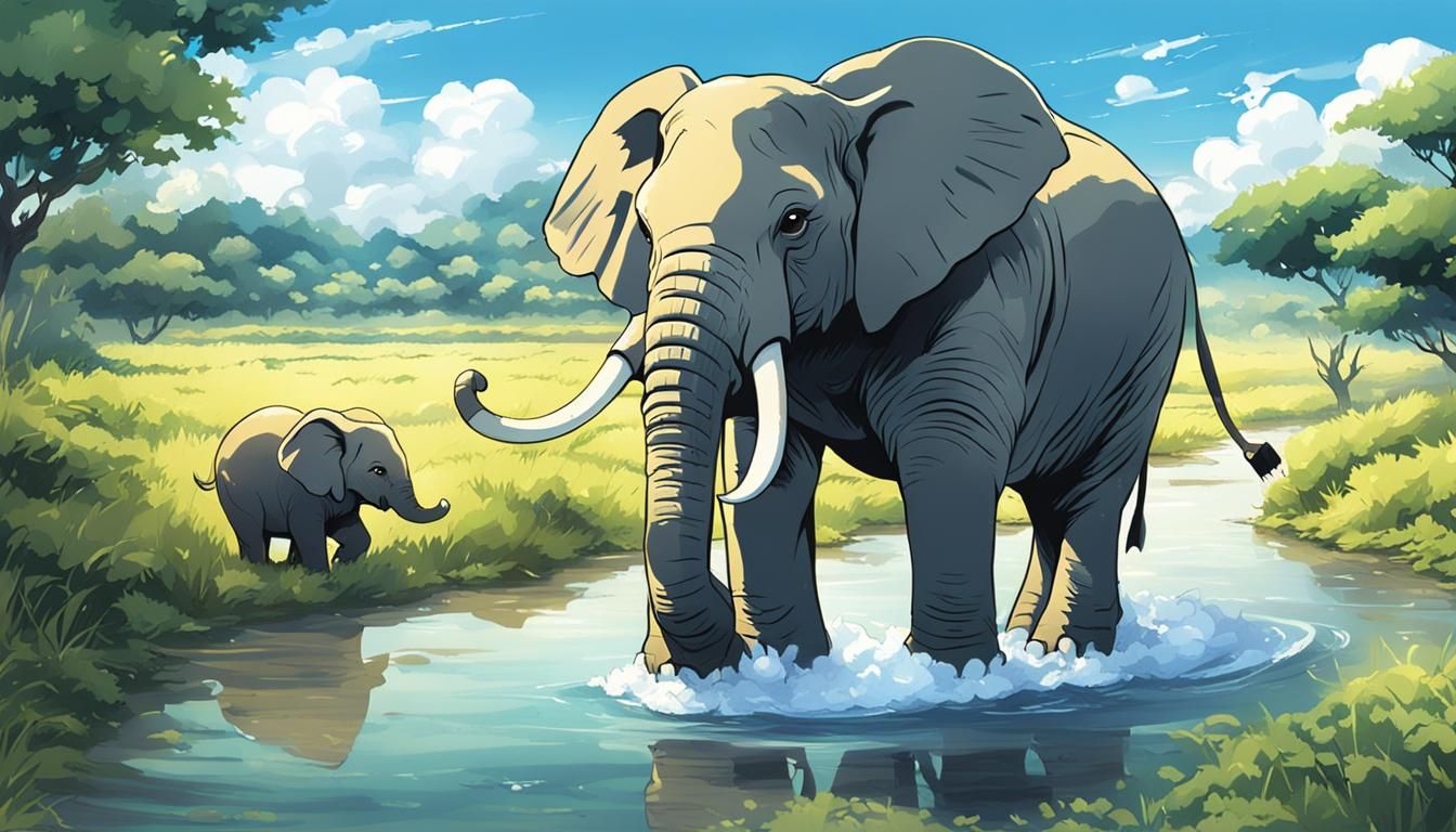 Elephant Family in Savannah, Anime Style
