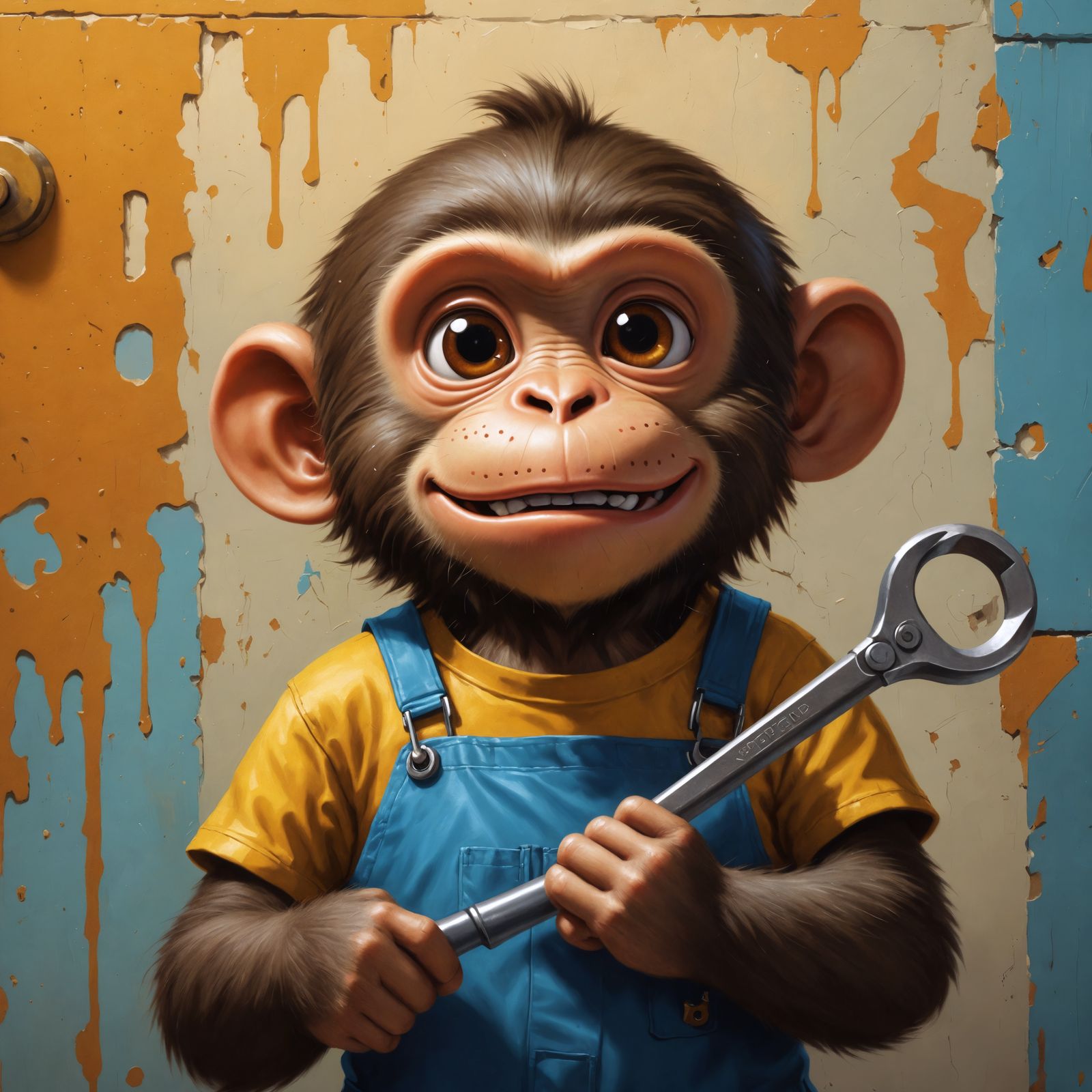 Happy Cartoon Monkey Mechanic in Oil Painting