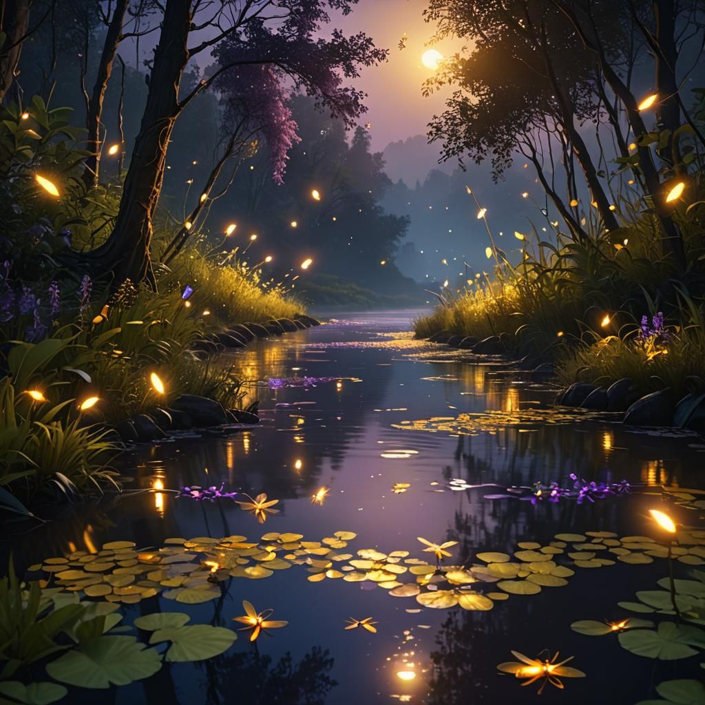 Fantasy Riverbank with Fireflies in Golden Light