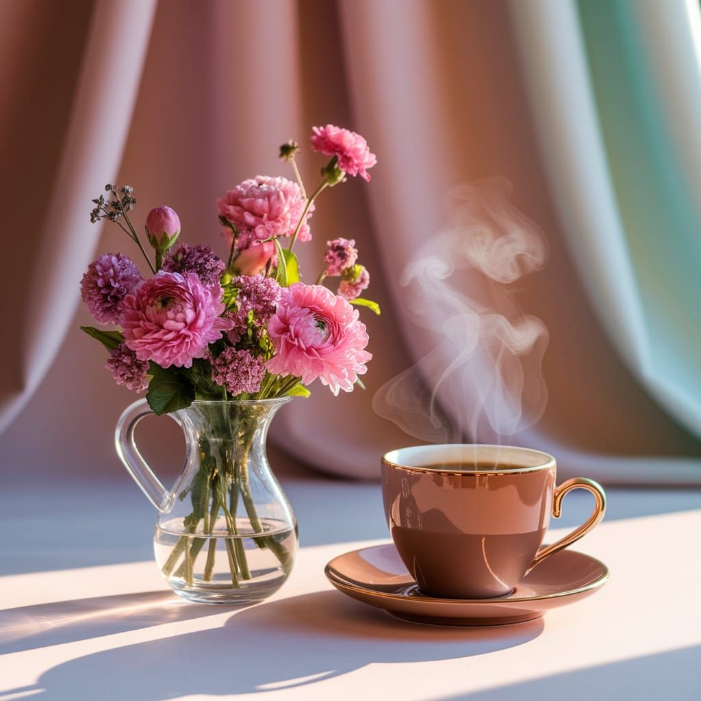 Romantic Still Life with Flowers and Coffee