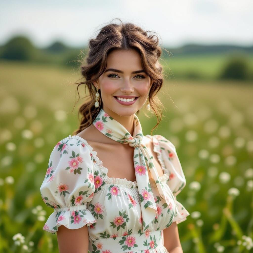 Woman in Floral Scarf in Spring Meadow
