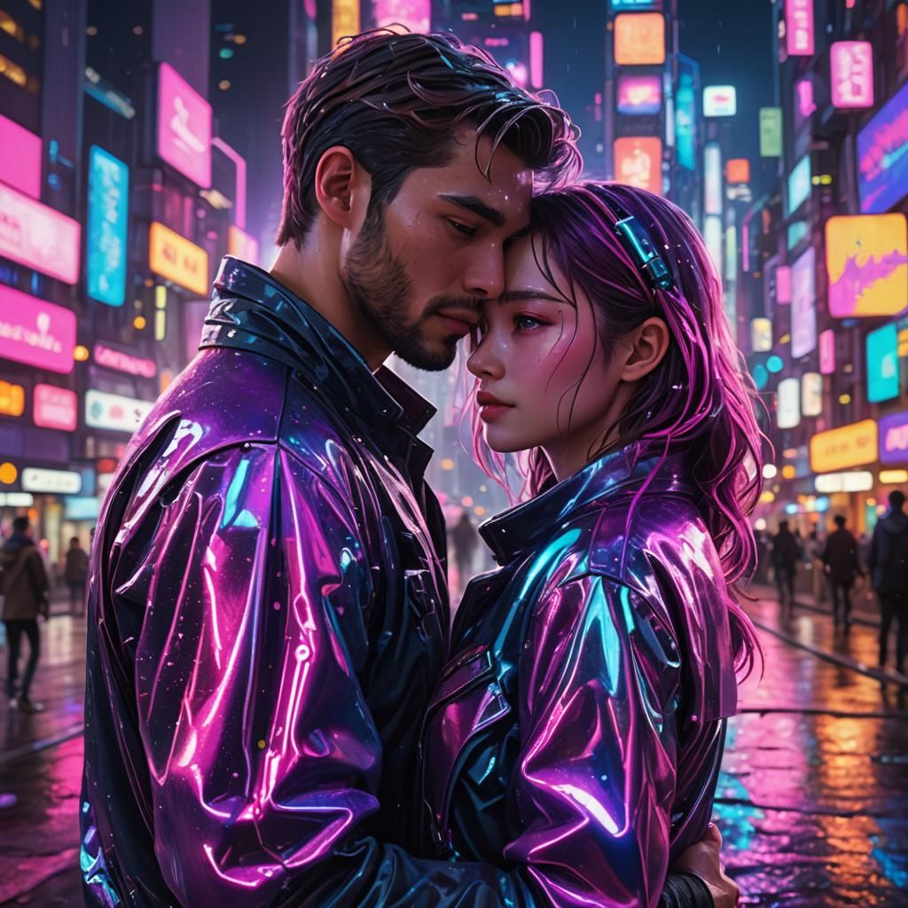 Sci-Fi Lovers Embrace in Neon Cityscape