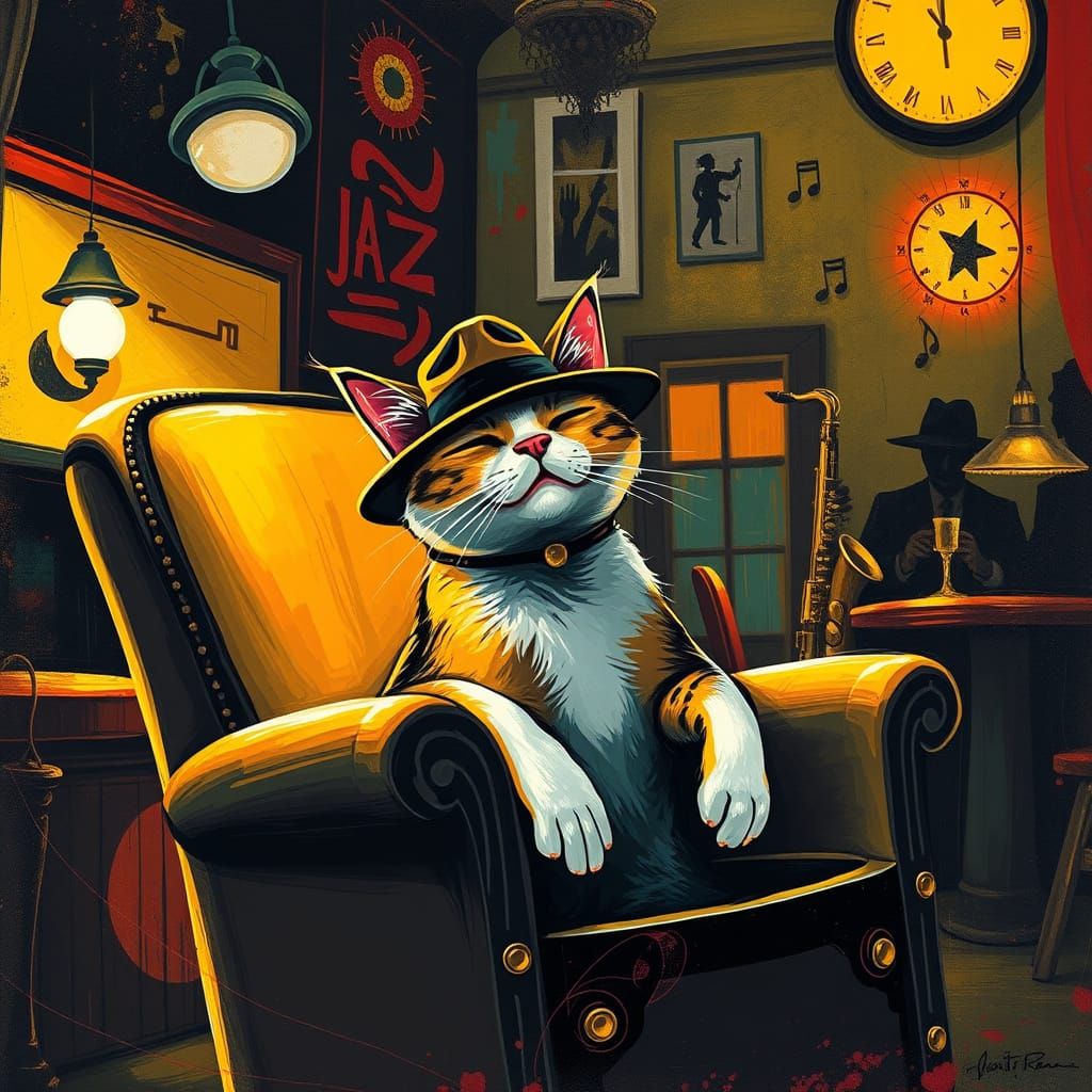 Whimsical Cat in Jazz Club, Abstract Style