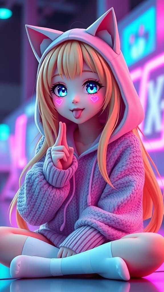 Anime Girl with Neon Accents in 3D Render