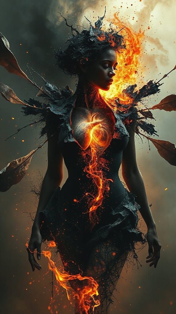 Nebula Woman With Glowing Heart: Surreal Abstract Art