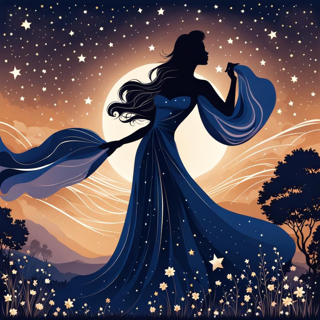 Silhouette of Woman in Flowing Dress Under Stars
