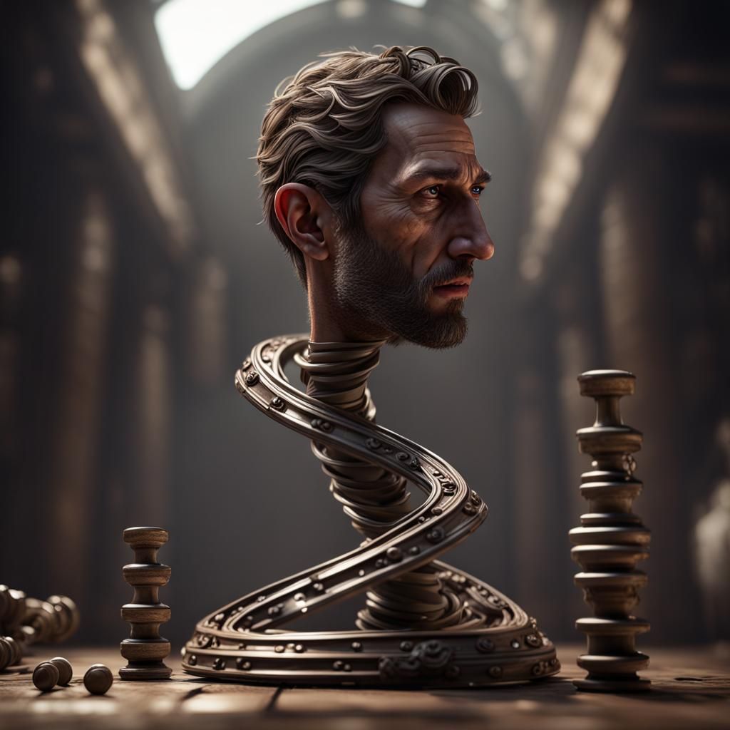 Corkscrew Headed Man in 3D Game Cinematic Style