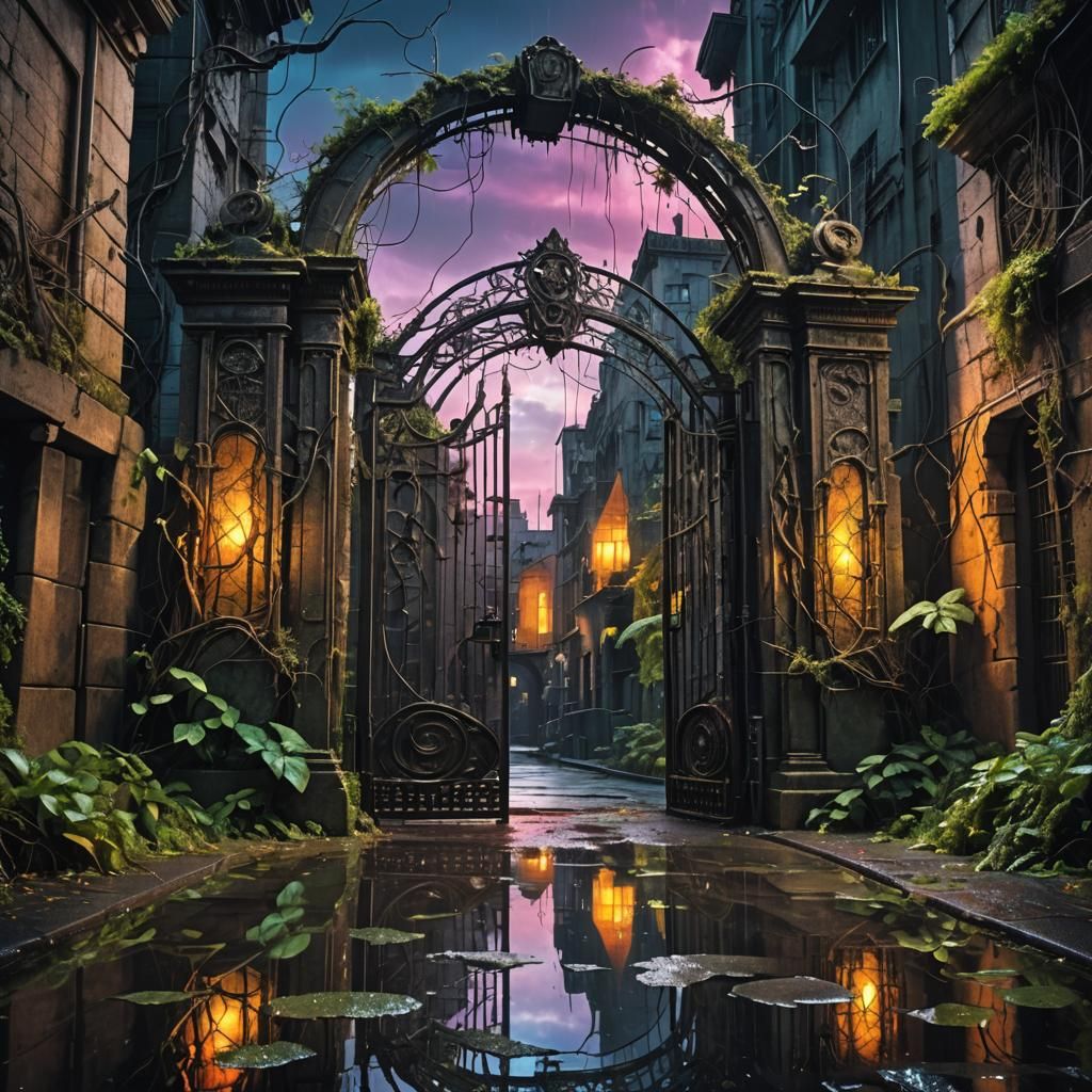 Surreal Ancient Gates in Futuristic Cityscape