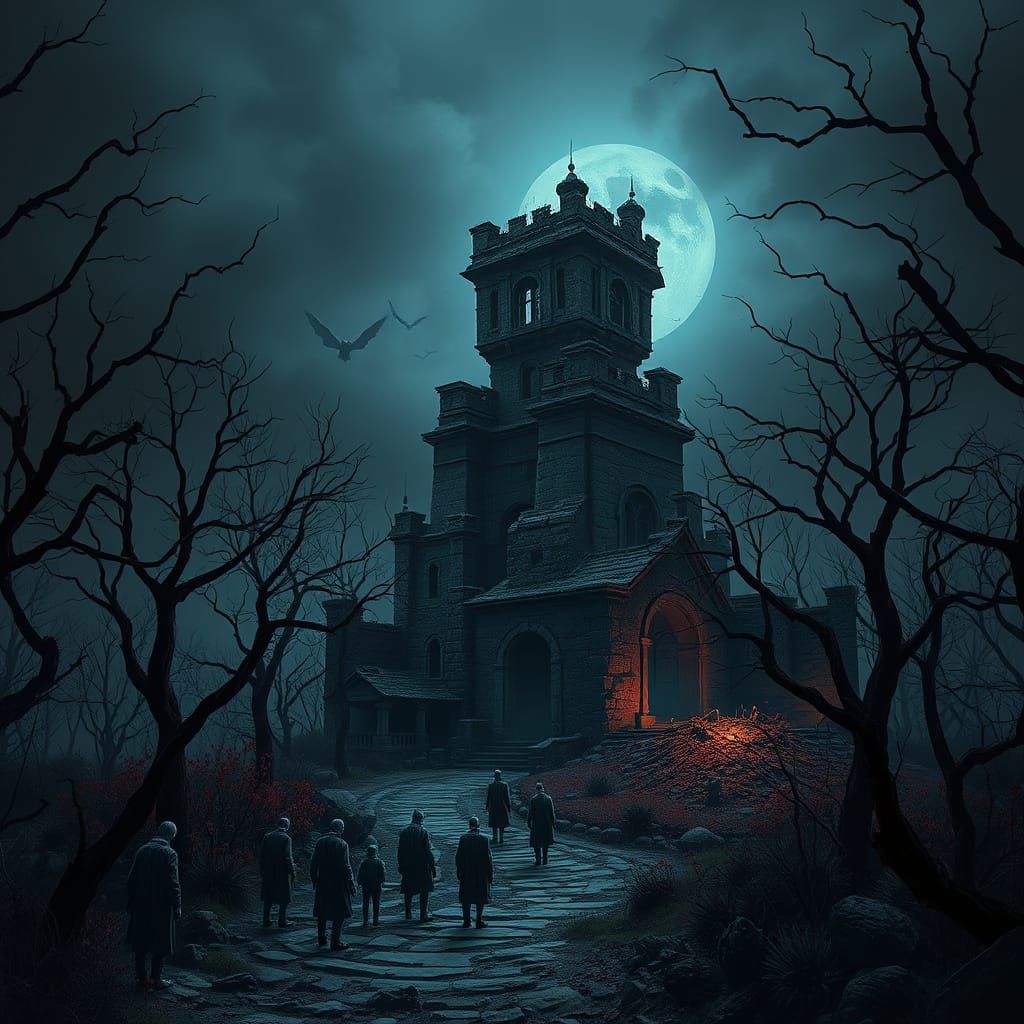 Moody, creepy Garden around a ruined ancient tower occupied by cursed undead. leafless trees and thorny bushes. At night...