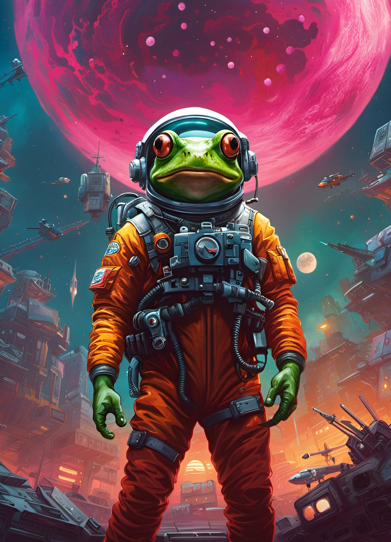 Atompunk Frog Astronaut in Retro-Futuristic Space