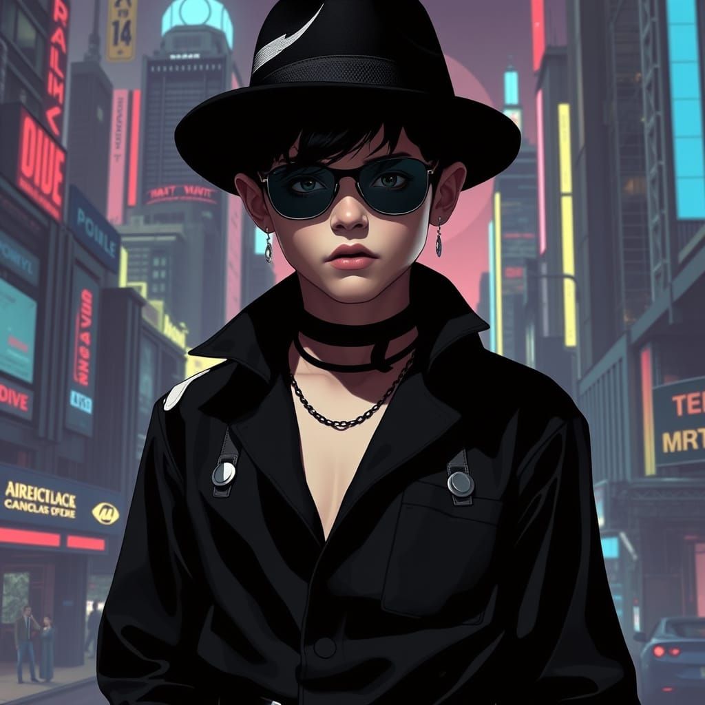Dystopian Teen in Futuristic Noir Cityscape