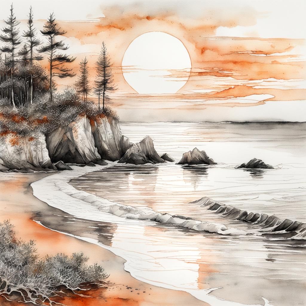 Dreamy Sunset Beach in Watercolor and Etching