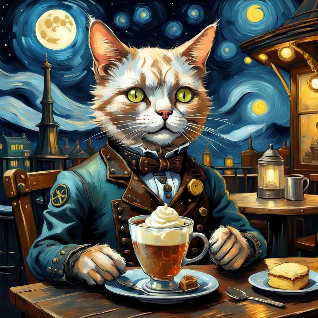 Steampunk Cat in Cyberpunk Cafe, Van Gogh Style