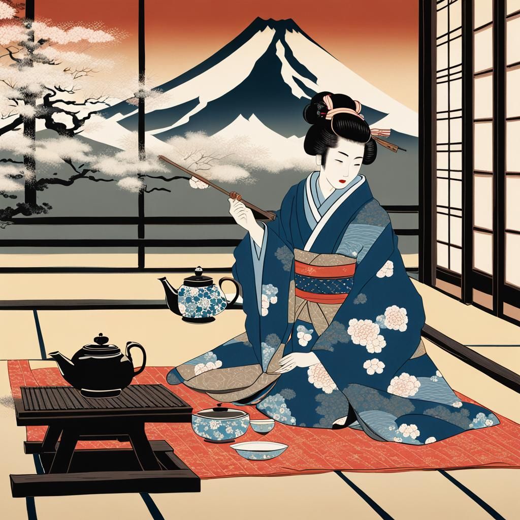 Geisha Pouring Tea: An Ukiyo-e Style Painting