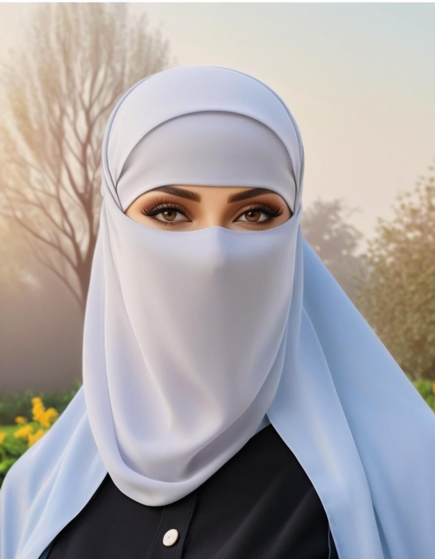 Niqab Woman Portrait in Garden, Oil Painting